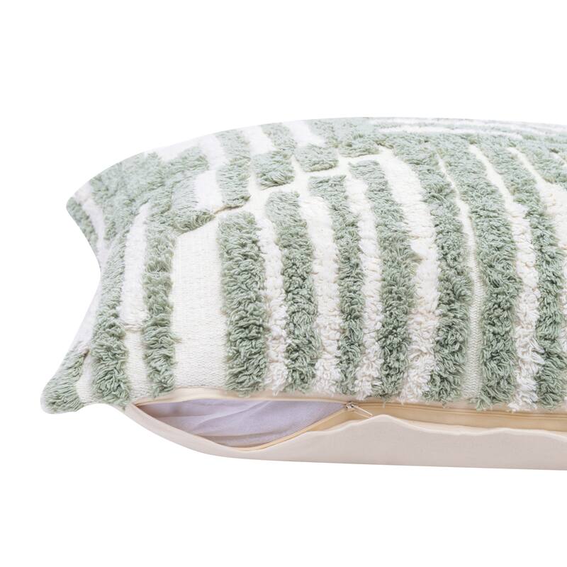 Handwoven Abstract Striped Shag Throw Pillow Cover - 22" - White and Sage Green