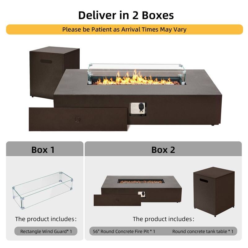 Patio Watcher Outdoor 56in. Rectangular Iron Fire Pit Table with Propane Tank Cover and Glass Wind Guard