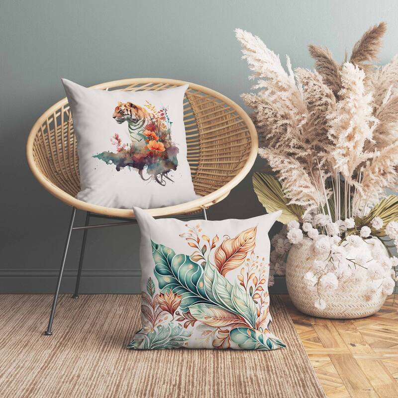 Tropical Tiger Trails Faux Suede Reversible Throw Pillow Ivory and Wintergreen