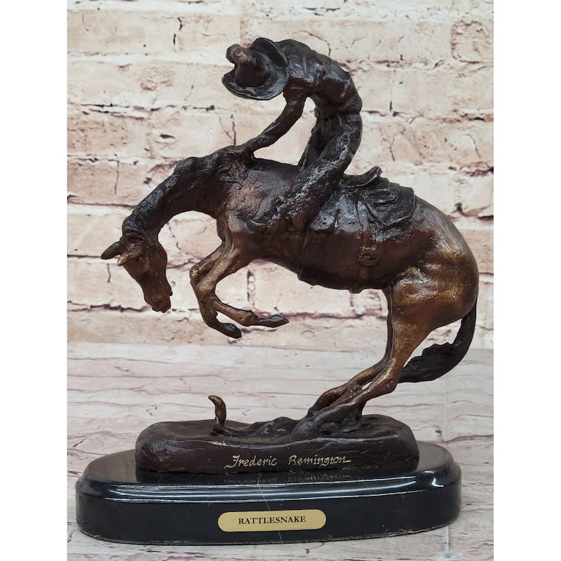 RattleImitative snake Frederic Remington Bronze On Marble Desktop Statue Sculpture 9 Inches X 8 Inches