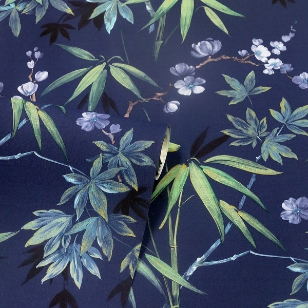 Jasmine Floral Garden Navy Vinyl Wallpaper 20.8 in. W x 33ft L