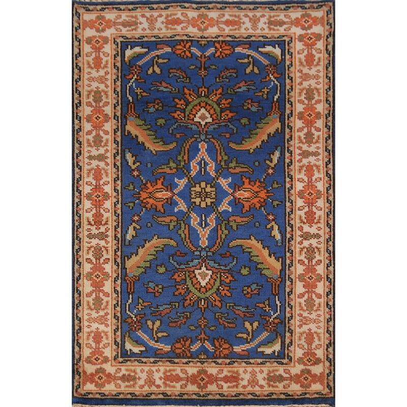 Blue Floral Oushak Indian Foyer Rug Handmade Wool Carpet - 3'0"x 5'0"