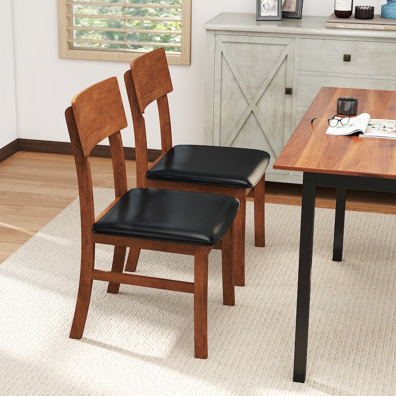 Set of 2 Black Rubber Wood PVC Leather Armless Dining Chairs with Ergonomic Cushions - 18" x 19.5" x 35"