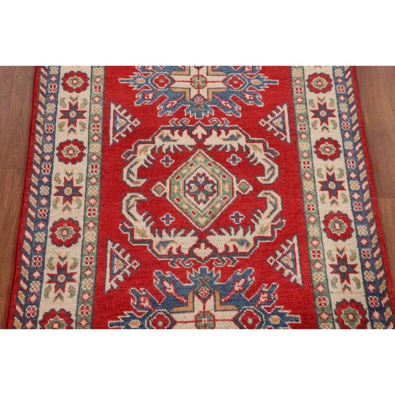 Geometric Red Kazak Foyer Rug Hand-Knotted Wool Carpet - 2'10" x 4'3"