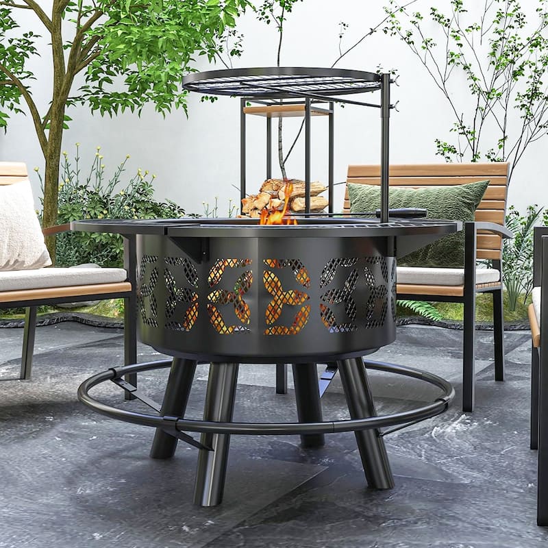 33" Portable Wood Burning Fire Pit w/ Cooking Grate, Pan, Poker - 33" Dia. x 33" H