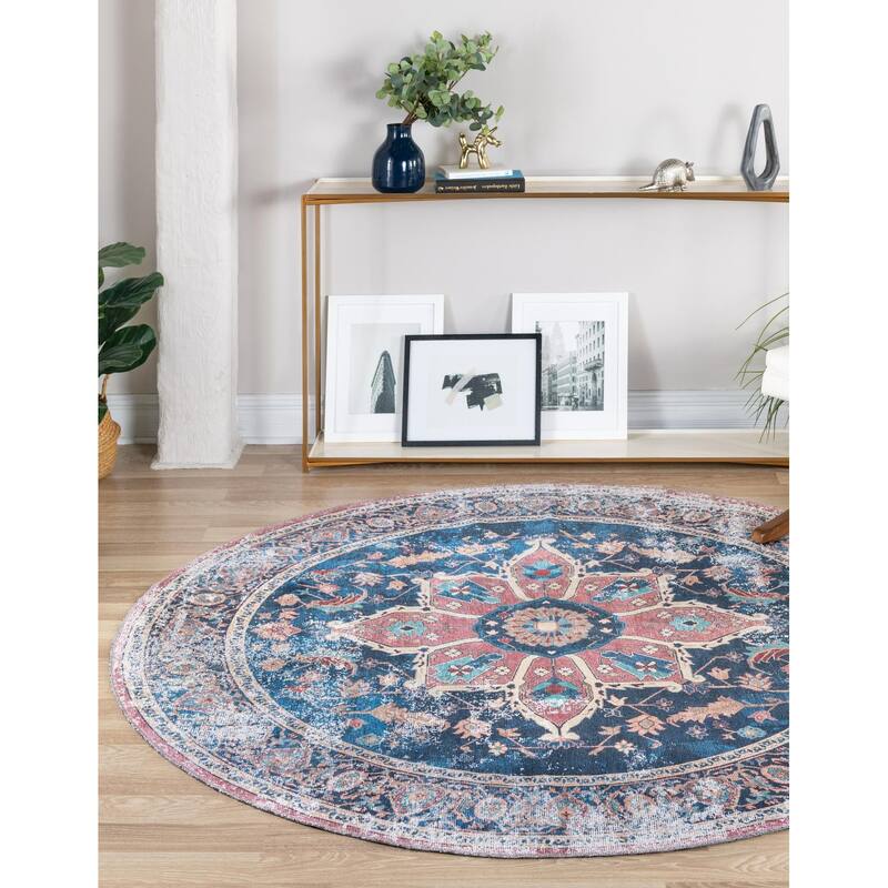 Traditional Tira Collection Area Rug - 6' Round - Navy Blue