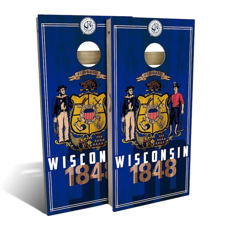 Wisconsin State Flag 2 Outdoor Cornhole Board Set - Backyard 2x4 - Include Hole Lights