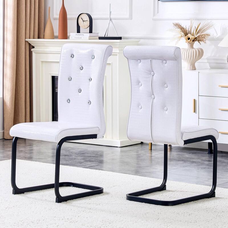 Set of 2 Retro Alligator Skin Upholstered Dining Chairs with Crystal Buckle Design & Faux Leather - Black+White