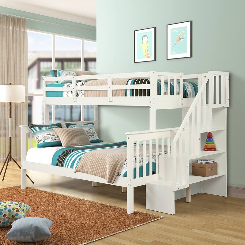 Stairway Twin-Over-Full Bunk Bed with Storage and Guard Rail for Bedroom, White