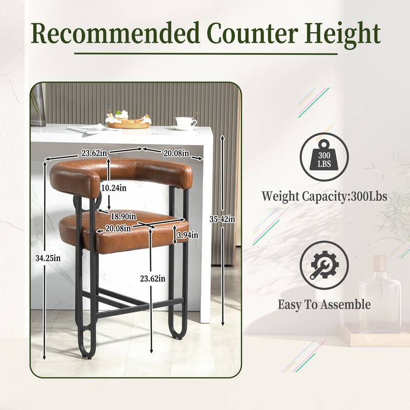 Bar Stools Set of 2, Upholstered Counter Height Stools with Back, Kitchen Island Chairs with Footrest and Metal Frame