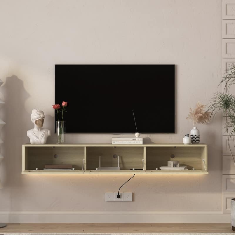 Floating 68" Wall Mounted TV Stand for TVs up to 75", Media Console Table with LED Lights and Power Outlet