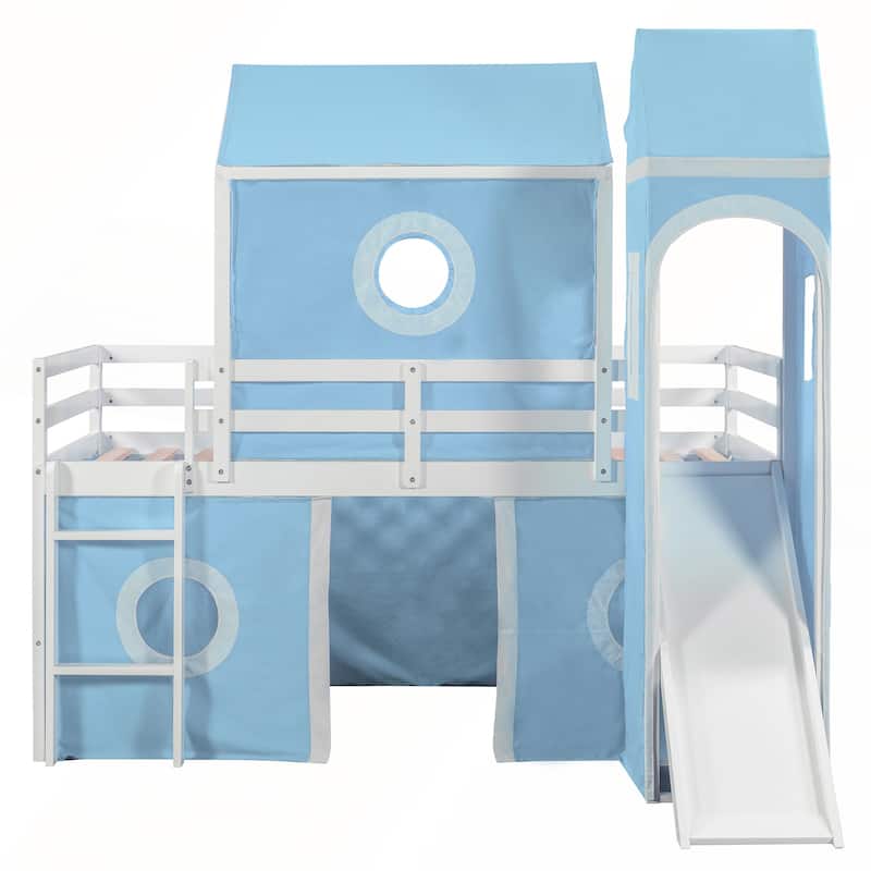Twin Size Loft Bed with Slide Tent and Tower