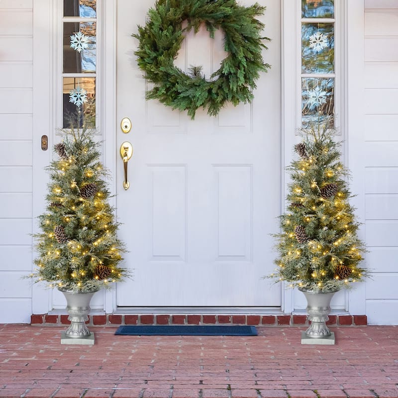 Glitzhome 4ft/5ft Pre-Lit Pine Artificial Christmas Porch Tree with Warm White Lights and Silver Pot