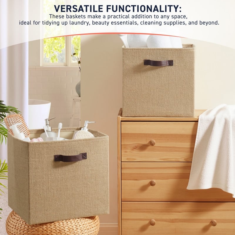 6 Pack Jute Fabric Storage Cube Bin with Faux Leather Handles