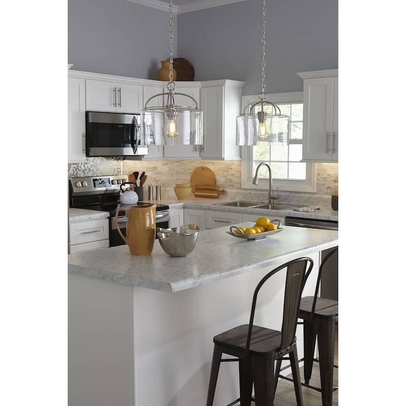 Leyden Collection 1-Light Brushed Nickel Clear Glass Transitional Mini-Pendant Hanging Light - 13 in x 13 in x 13 in