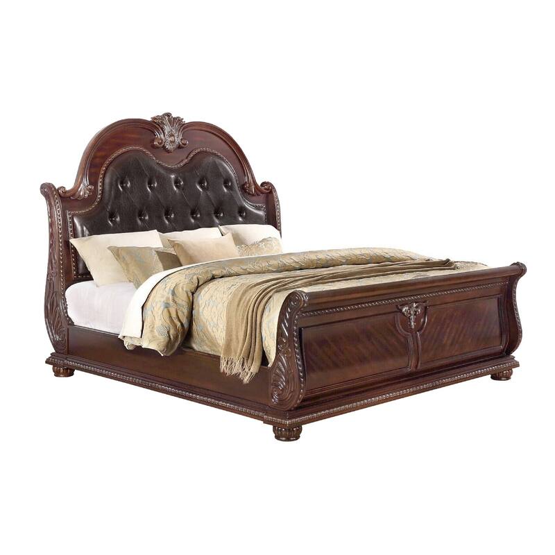 Mano King Bed, Faux Leather Upholstery, Classic Floral Carved, Brown Wood