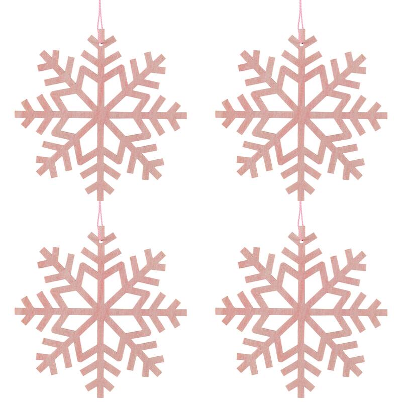 Wooden Snowflake Christmas Ornaments - 4.75" - Pink - Set of 4