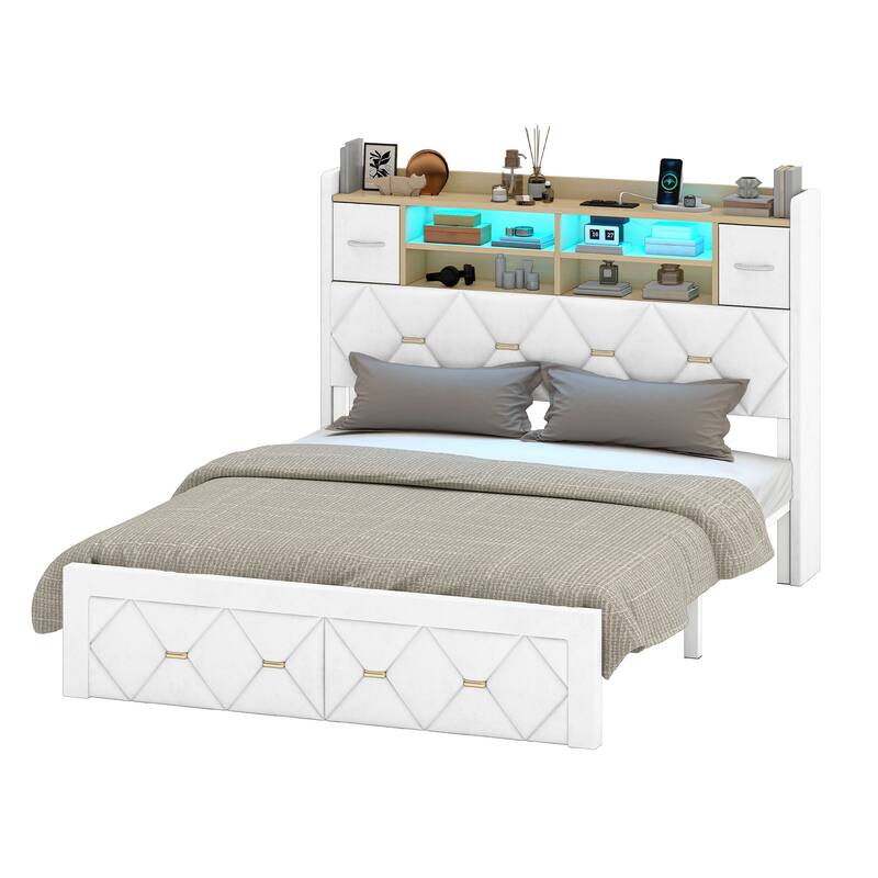 Moasis Upholstered Bed Frame with Storage Headboard And Charging Station and LED Light