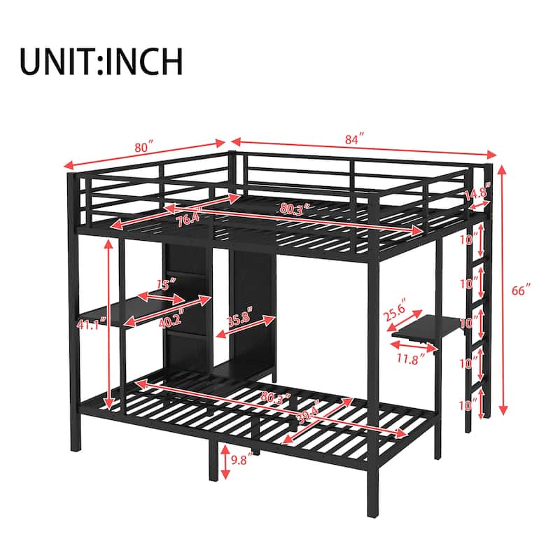 King over Twin XL Size Bunk Bed Frame with Built-in Wardrobe, Metal Bunk Bed with Foldable Desk and, Black