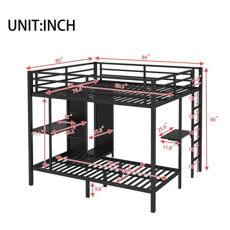 Metal Bunk Bed with Built-in Wardrobe and Foldable Desk, King over Twin XL, Black