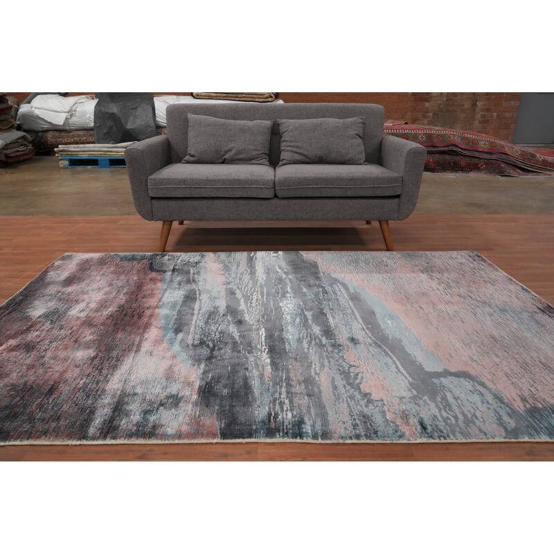 Hand Knotted Oriental Viscose Silk Carpet Modern Pictorial Multi-Colored Abstract Area Rug - 7' 11'' X 5' 3''
