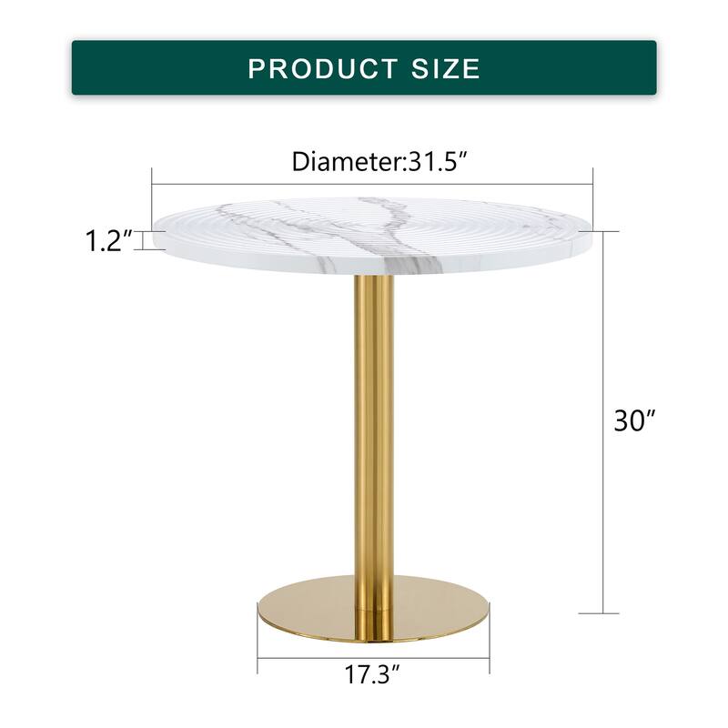 31.5 Inch Elegant White Marble Pattern Round Dining Table - Suction Molding Annular Texture, Durable and Water-Resistant