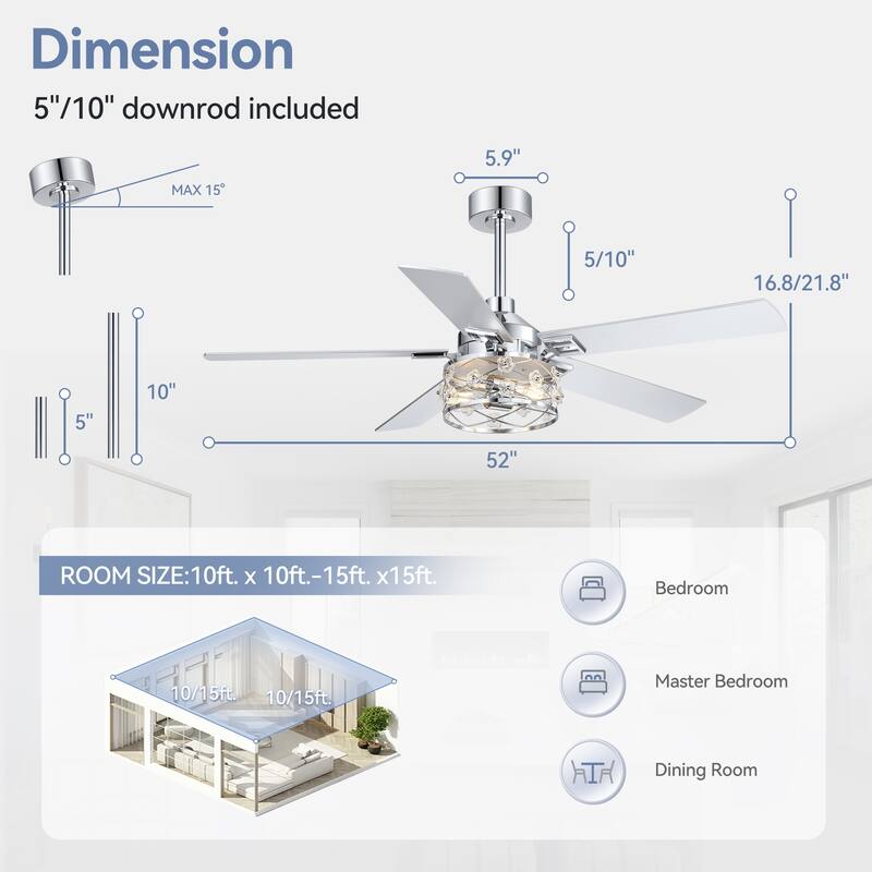 52" Reversible 5-Blade Farmhouse Glam Floral Glass Caged Ceiling Fan with Light and Remote