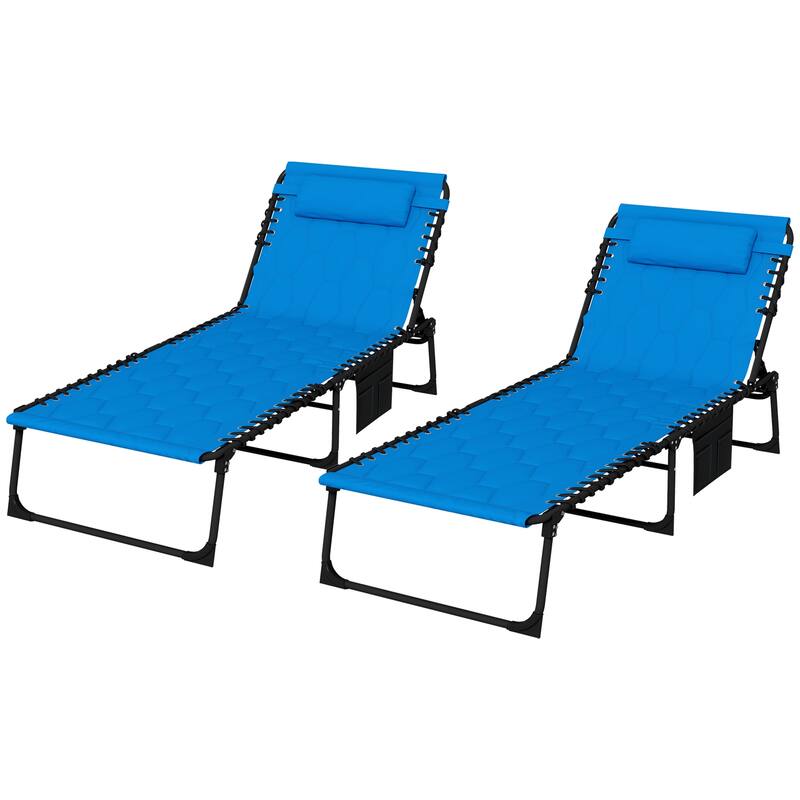 2-Piece Outdoor Folding Chaise Lounge Set with 5-level Reclining Back, Padded Seat, Side Pocket & Headrest
