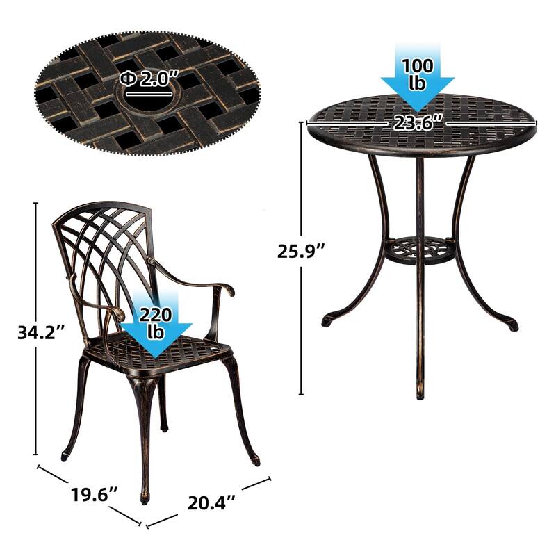 3-Piece Bistro Set Table Outdoor, Cast Aluminum Bistro Set Two Chairs,Lightweight Maintenance Free Outdoor Seating