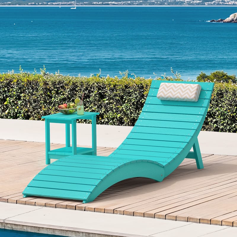 Folding HDPS Plastic Outdoor Pool Chaise Lounges Lounge Chair Outdoor with Headrest Cushions - Aruba Blue/Single