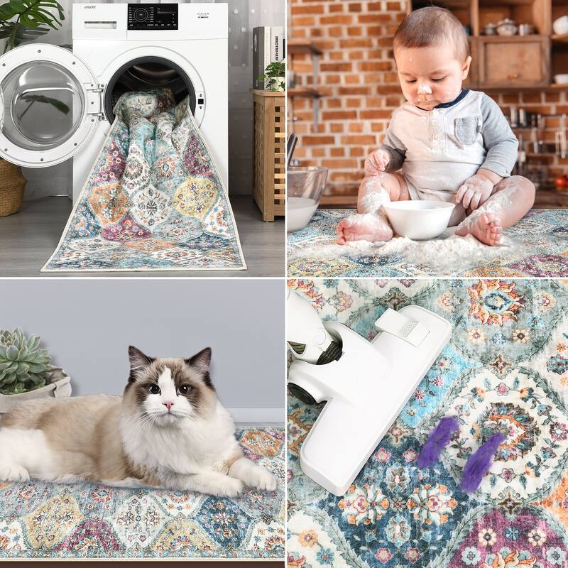 Rugs for Living Room Vintage Oriental Trellis Area Rug Soft Non Slip Low Pile Accent Rugs for Dining Room Office