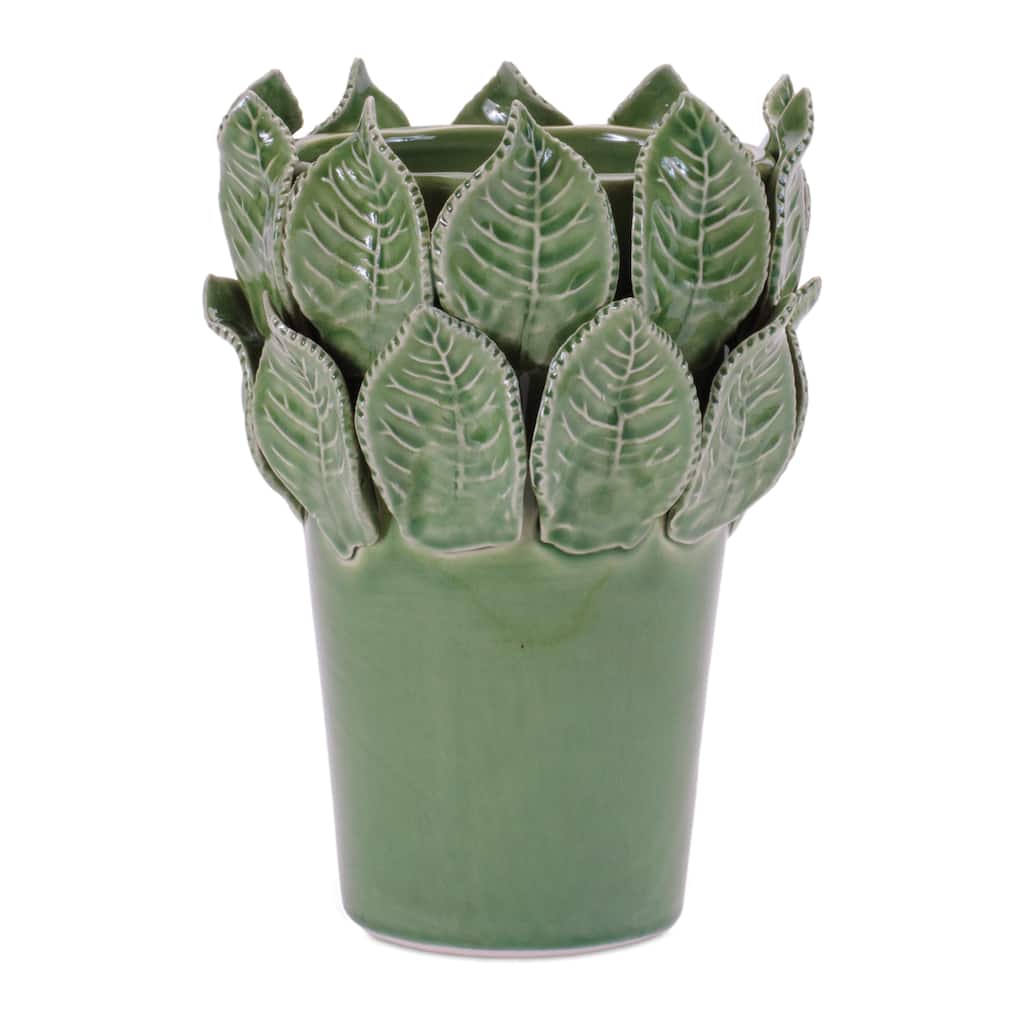 Stoneware Vase with Leaves Accent 7.5"H