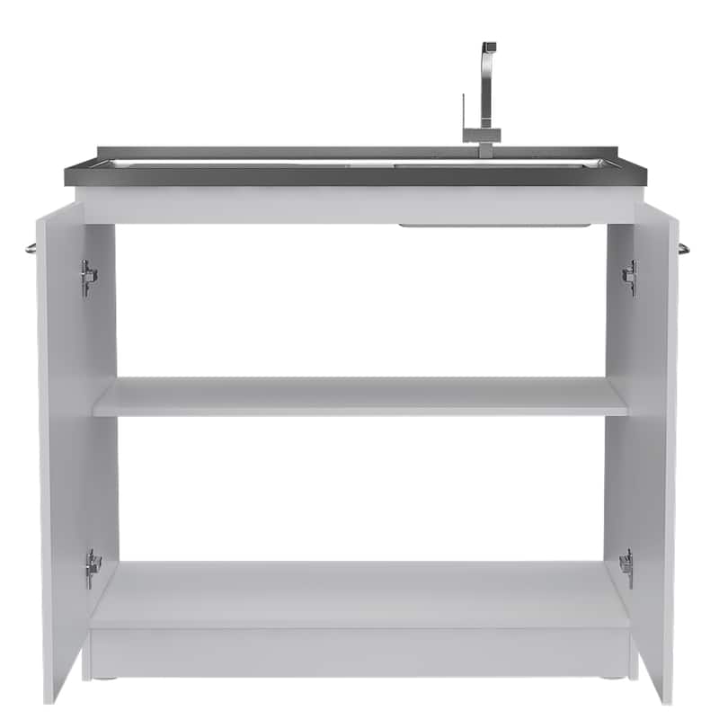 Oklahoma Utility Sink, Double Door Cabinet, Stainless Steel Countertop