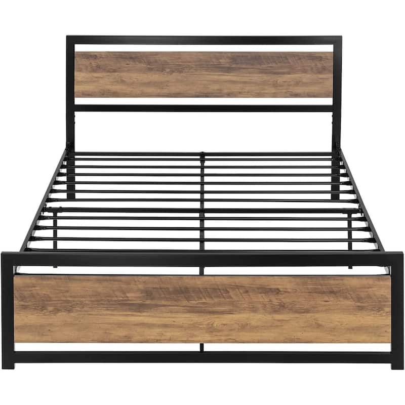 Full/Queen Metal Platform Bed Frame with Brown Wood Panel Headboard and Footboard - Full