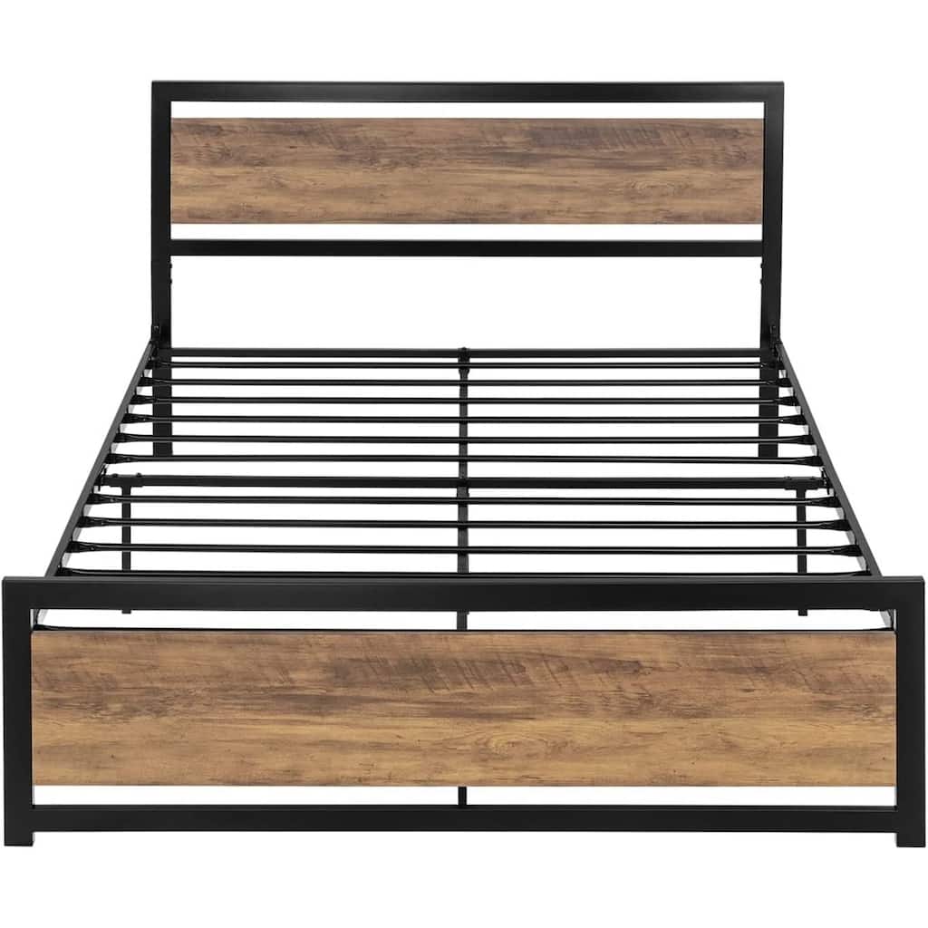 Full/Queen Metal Platform Bed Frame with Brown Wood Panel Headboard and Footboard