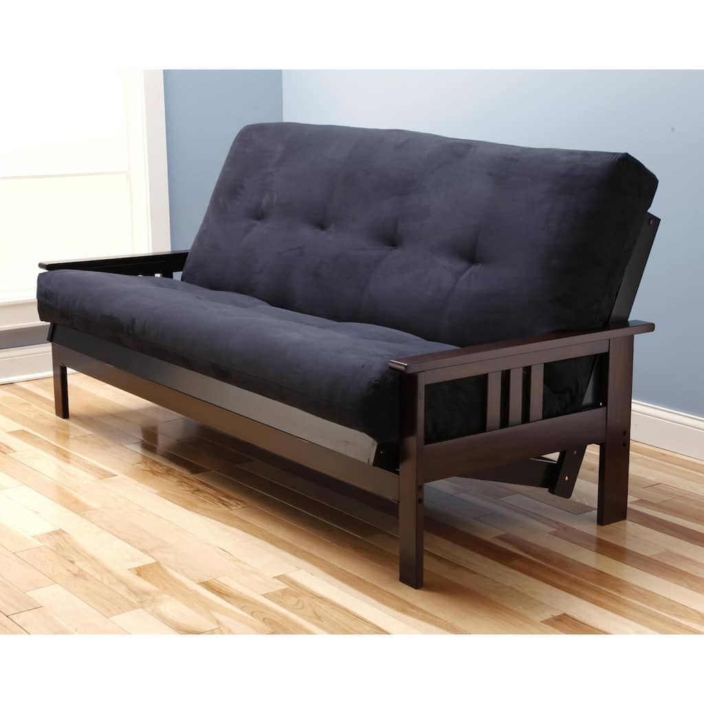 Monterey Queen Futon Frame with Espresso Finish and Suede Black Mattress - Contemporary Convertible Bed