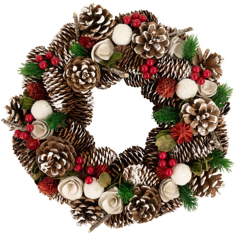 White Wooden Rose Pine Cone Artificial Christmas Wreath,13.5", Unlit