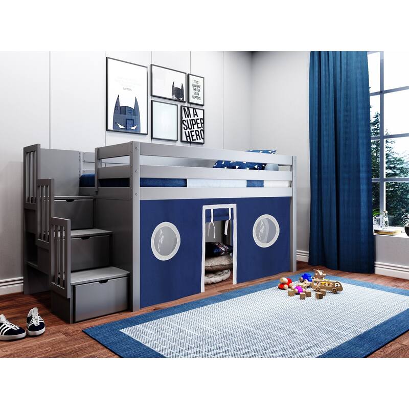 JACKPOT Contemporary Low Loft Twin Bed with 3 Step Stairway and Tent