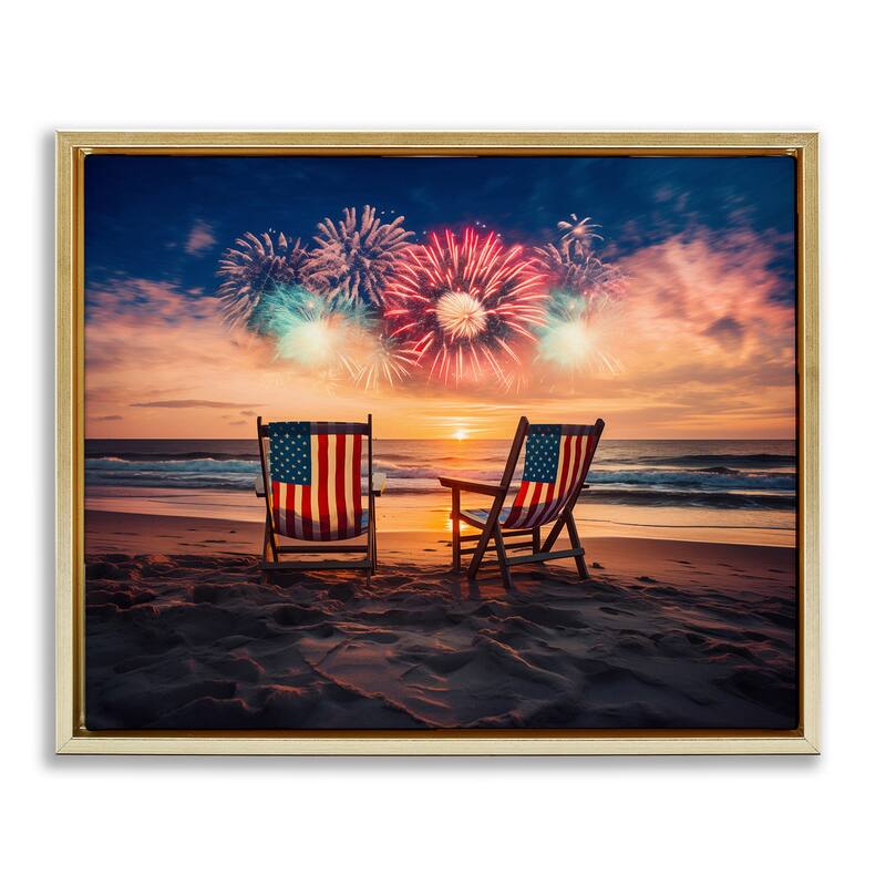 Stupell Summer Fireworks at Beach Framed Floater Canvas Wall Art Design By Arlington Prints - 21 x 17 - Gold