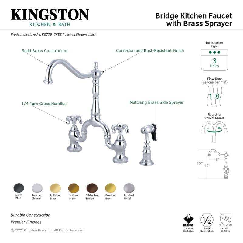 Kingston Brass French Country Bridge Kitchen Faucet with Brass Sprayer
