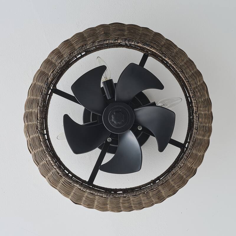 20-inch Boho Distressed Black Chandelier Flush Mount Ceiling Fan with Remote and Hand-Woven Rattan Shade - 19.7" W x 7.08" H