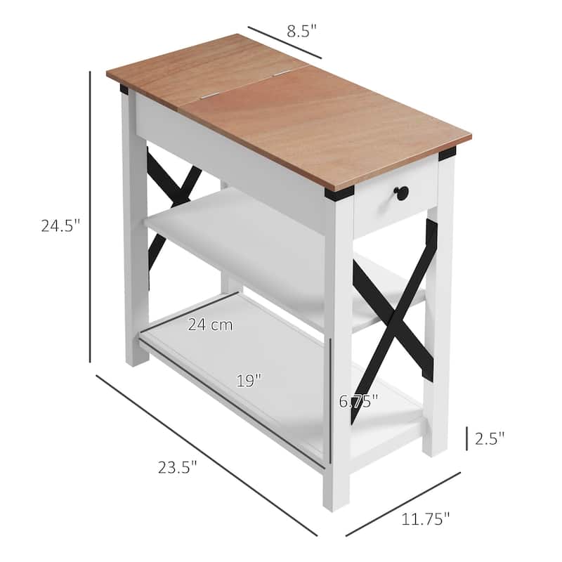 HOMCOM Side Table with Charging Station, End Table with 2 USB Ports and 1 Outlet, Storage Shelves for Living Room, White