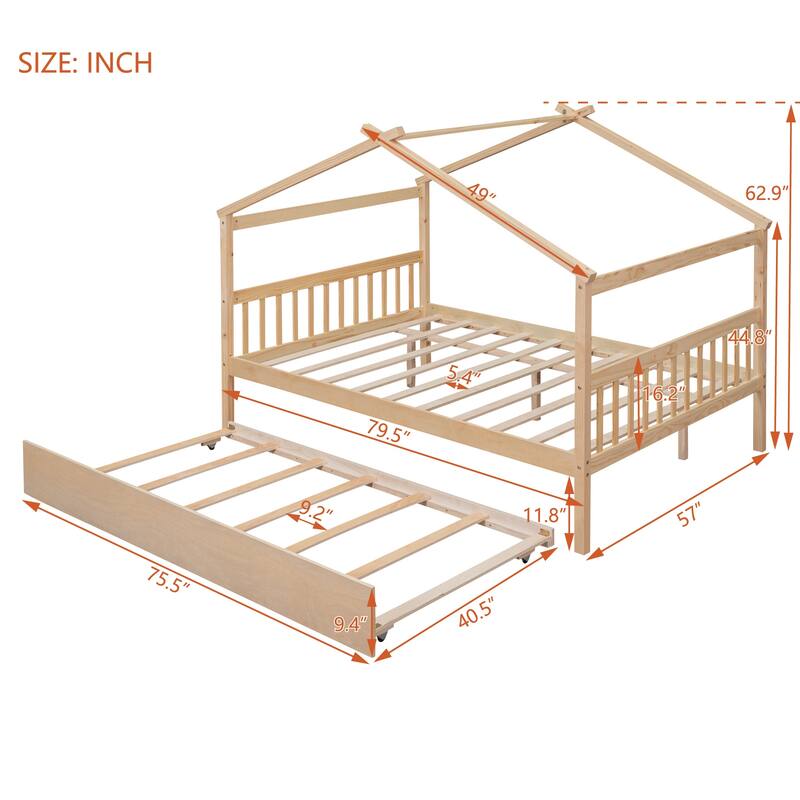 Twin/Full House Bed with Pull-Out Trundle, Solid Pine Wood Frame for Sleepovers