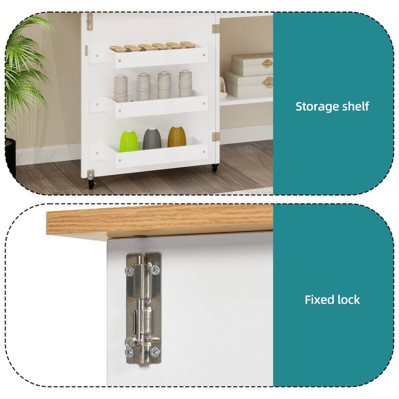 Moasis Folding Sewing Craft Table with Storage Shelves Cabinet With Charge Station
