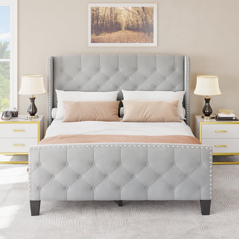 Queen Velvet Wingback Upholstered Headboard Platform Bed
