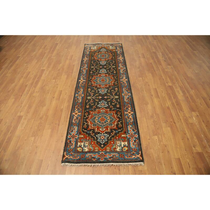 Hand Knotted Oriental 100% Wool Carpet Transitional Floral Greys & Charcoal Oushak Runner Rug - 8' 0'' X 2' 7''