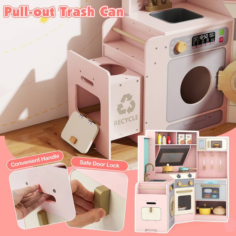 Gymax Corner Kitchen w/ Lights & Sounds Interactive Wooden Playset for