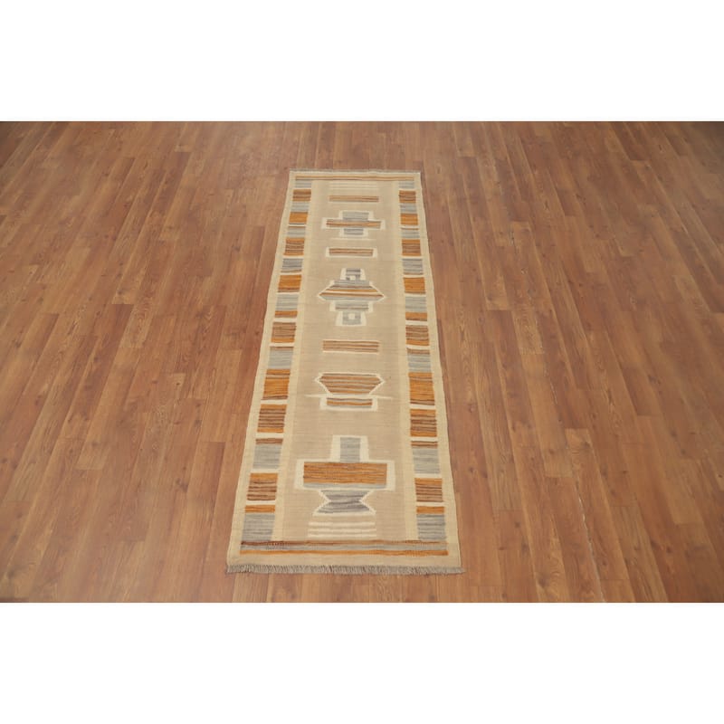 Hand Woven Oriental 100% Wool Carpet Southwestern Tribal Brown Kilim Runner Rug - 5' 9'' X 2' 0''