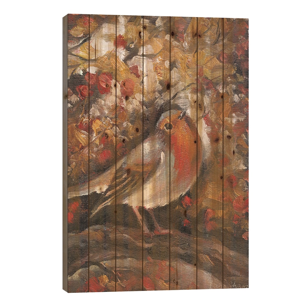 Robin Bird In Autumn Print On Wood by Lana Shamshurina - Multi-Color