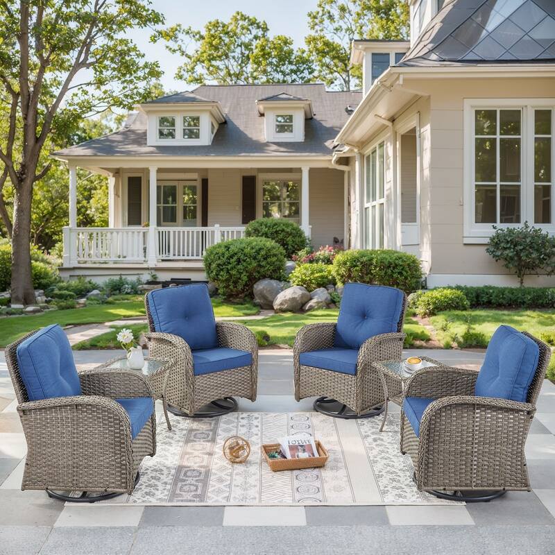 Outdoor Wicker Swivel Gliders Chairs with Side Table - Blue - Grey